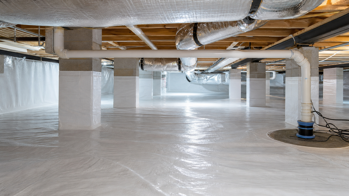 Encapsulated crawl space under a commercial building showing a thick white vapor barrier and moisture control systems