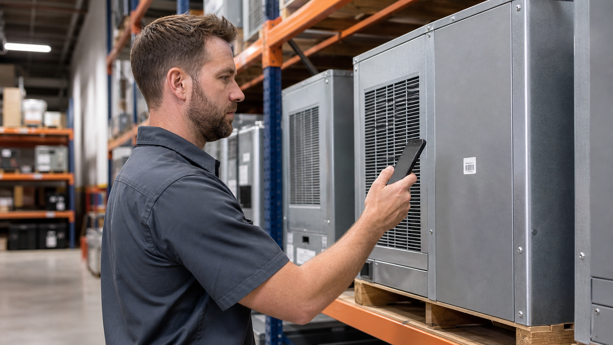 Technician Updating Digital Equipment Inventory Technician scanning a barcode to update the digital equipment inventory in an organized HVAC contracting warehouse