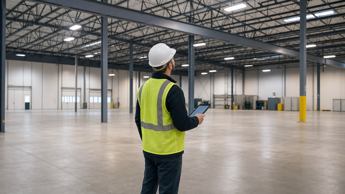 Commercial Building Inspector Examining Warehouse Professional commercial building inspector examining structural details of an industrial warehouse facility