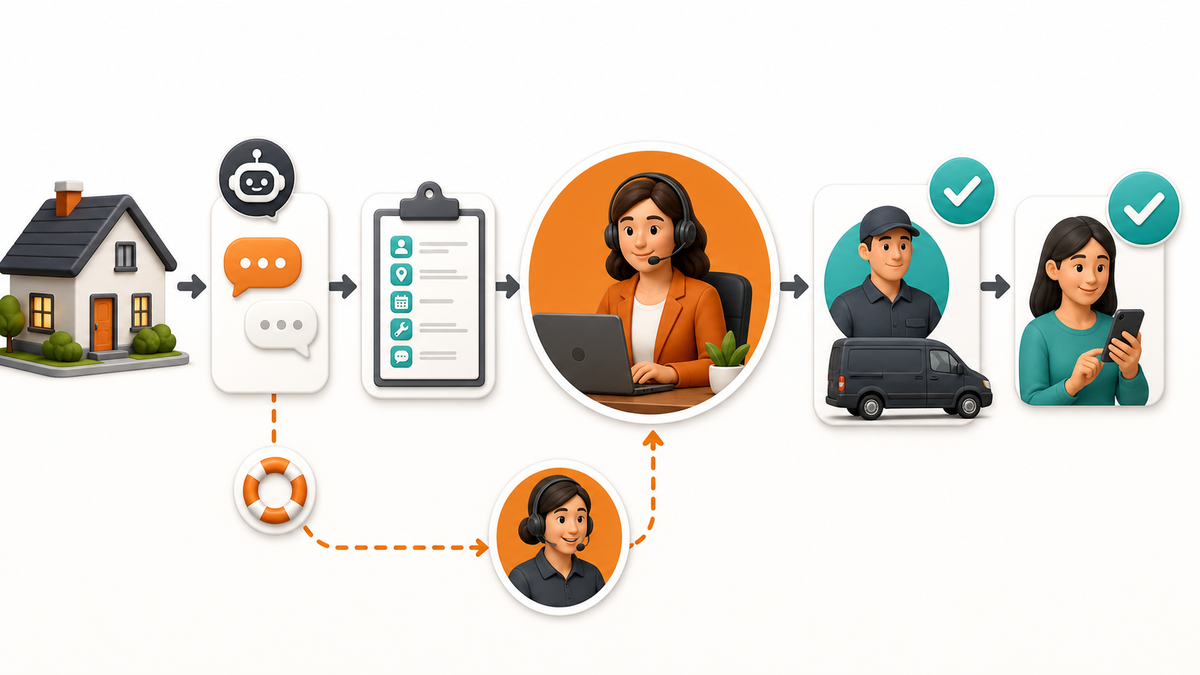 Home service message workflow with automated acknowledgement, collected details, coordinator review, technician assignment, and customer confirmation.