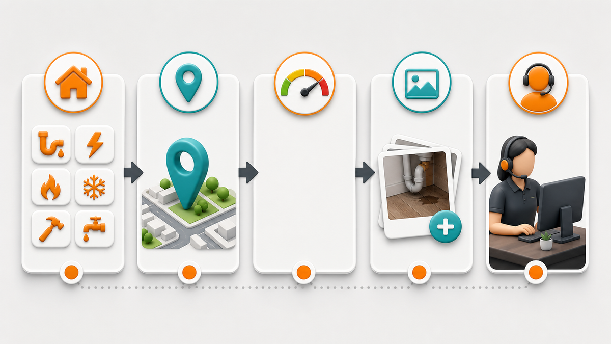 Home service lead intake path showing service type, location, urgency, photo, and coordinator review.