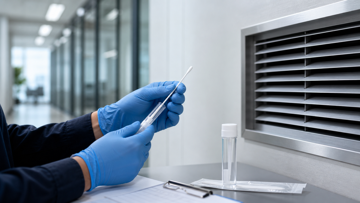 Environmental technician conducting mold surface sampling on a commercial air duct vent