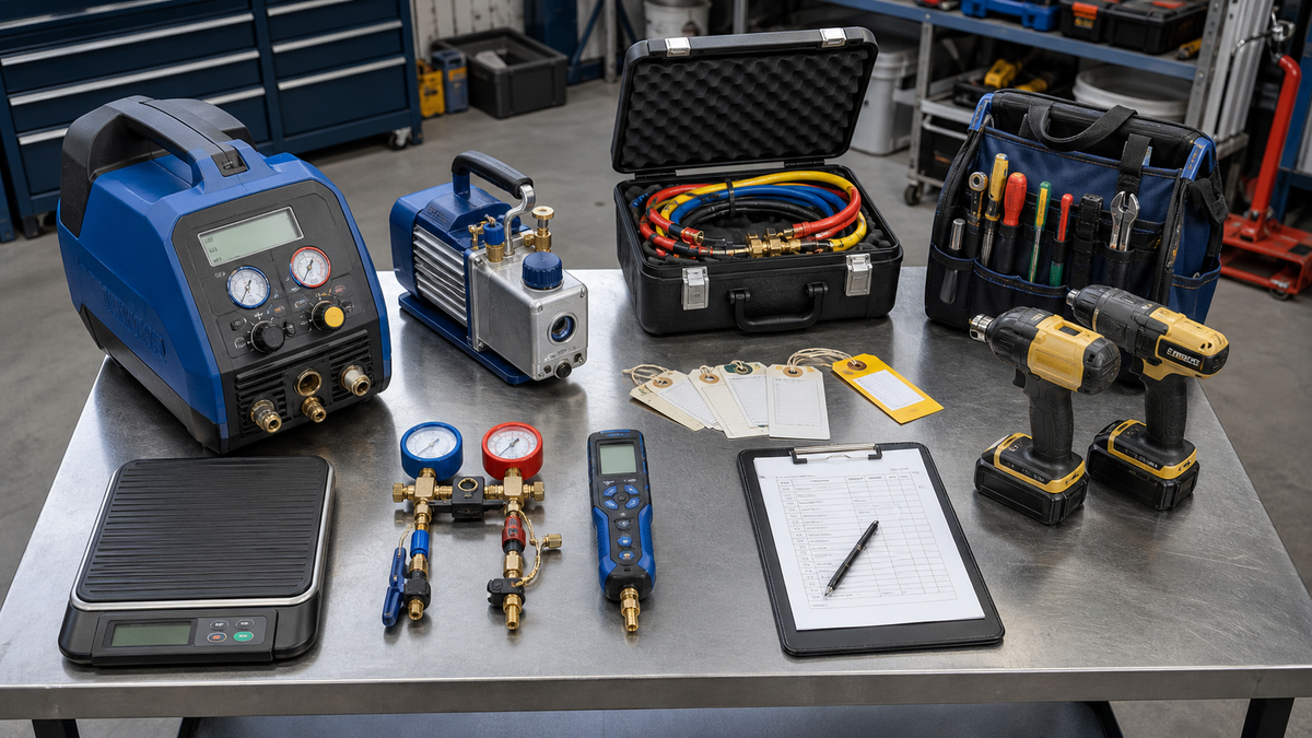 High value HVAC tools and service equipment arranged for physical asset valuation in a business appraisal