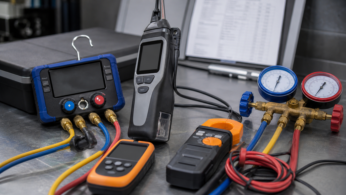 Precision HVAC diagnostic tools undergoing formal calibration on a professional testing workbench