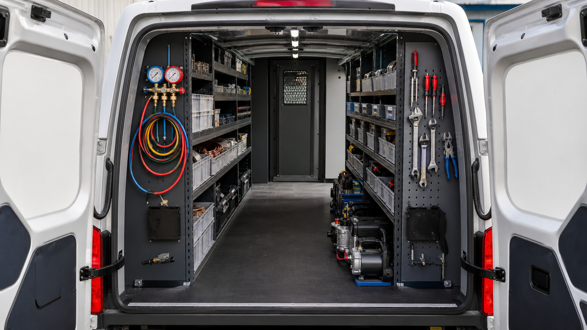 Organized storage shelving and tools inside an HVAC service van demonstrating fleet inventory audits