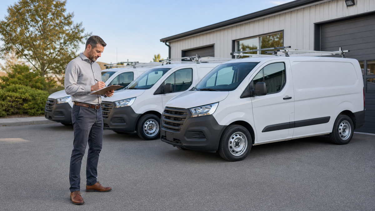 Business Appraiser Evaluating Service Vehicle Fleet Business appraiser evaluating a fleet of service vehicles parked outside a home services company headquarters