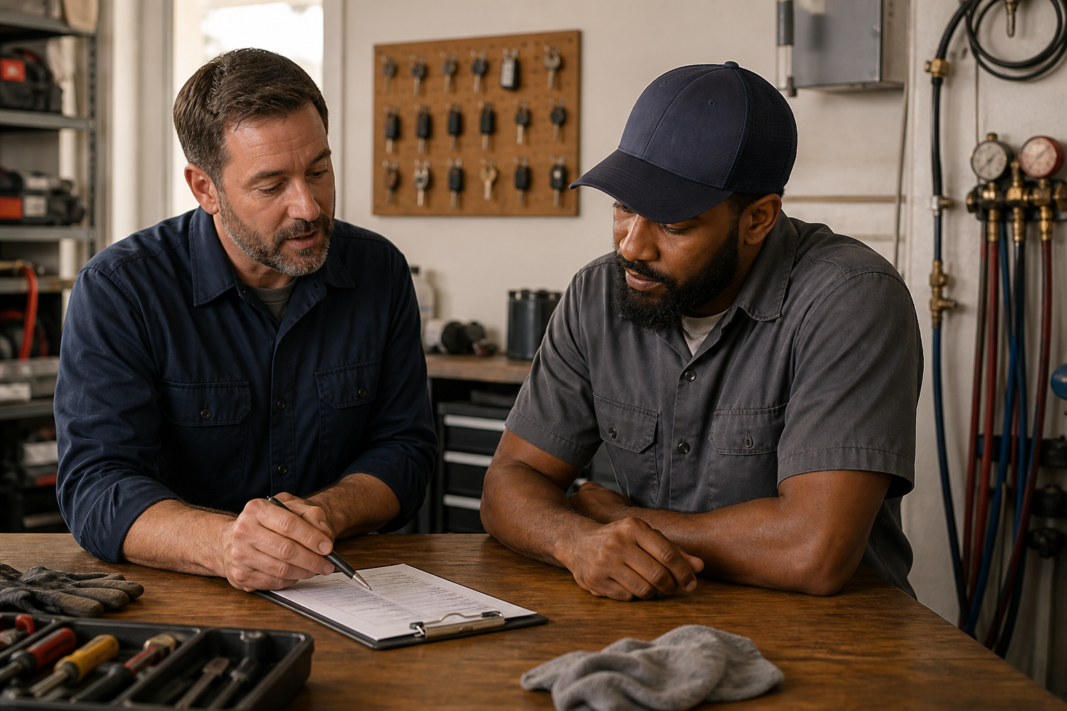 Home-service operations professionals reviewing equipment handoff records