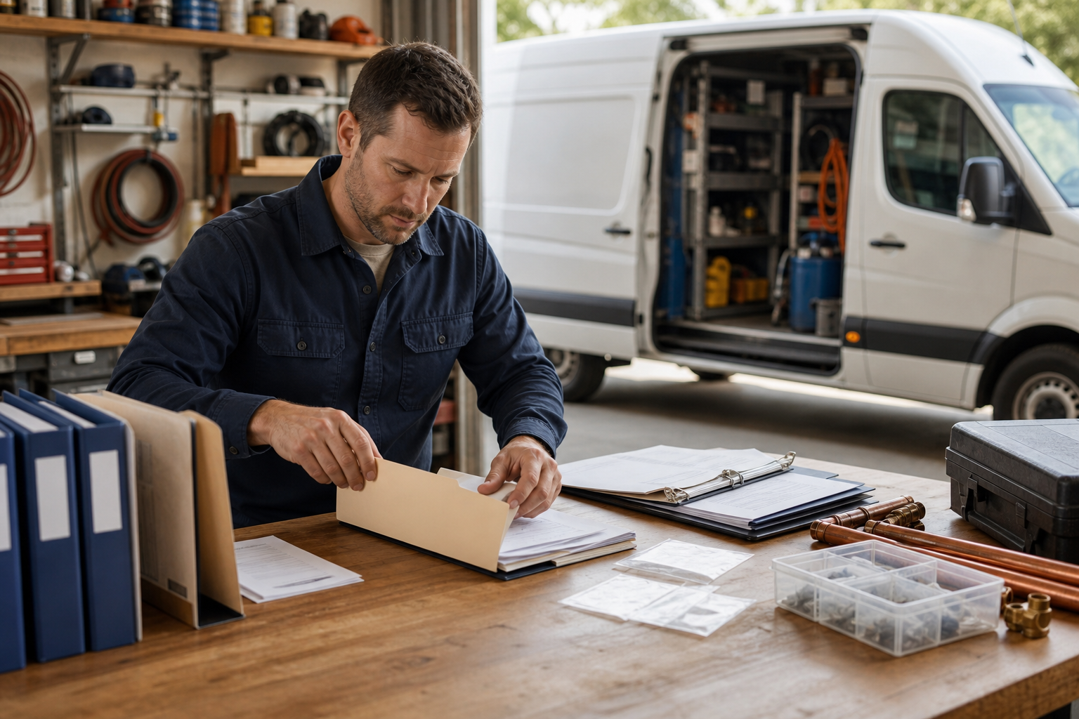 Home-service owner organizing equipment and service records